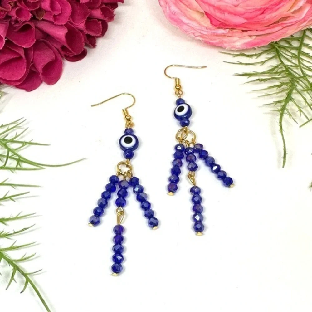 NEW⚜️Handmade Evil Eye Crystal Fringe Earrings